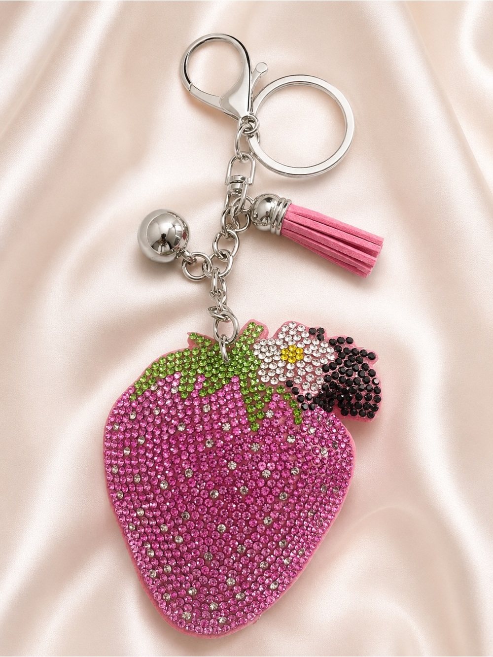 Pink Strawberry Bag Charm Keychain Crystal Purse Charm